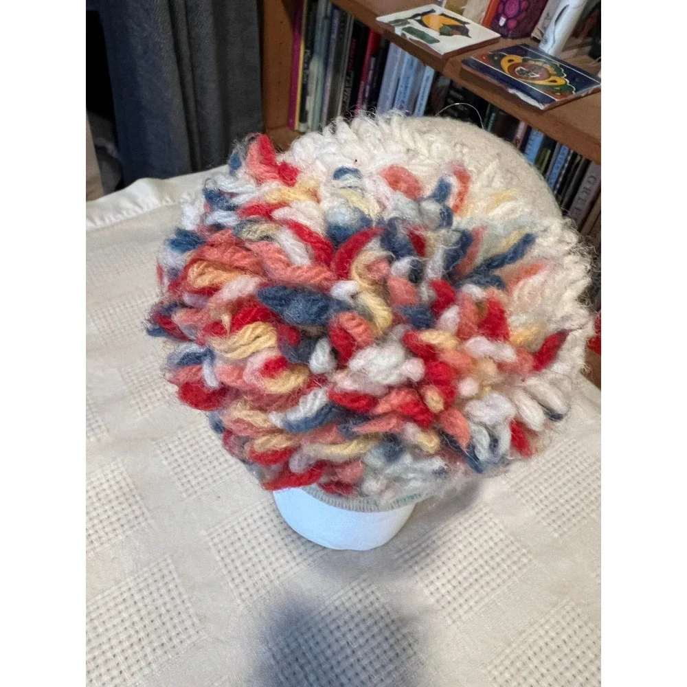 Handmade Wool Knit Beanie Hat Pom Pom Fair Isle Pattern Cream Red‎ Blue Yellow